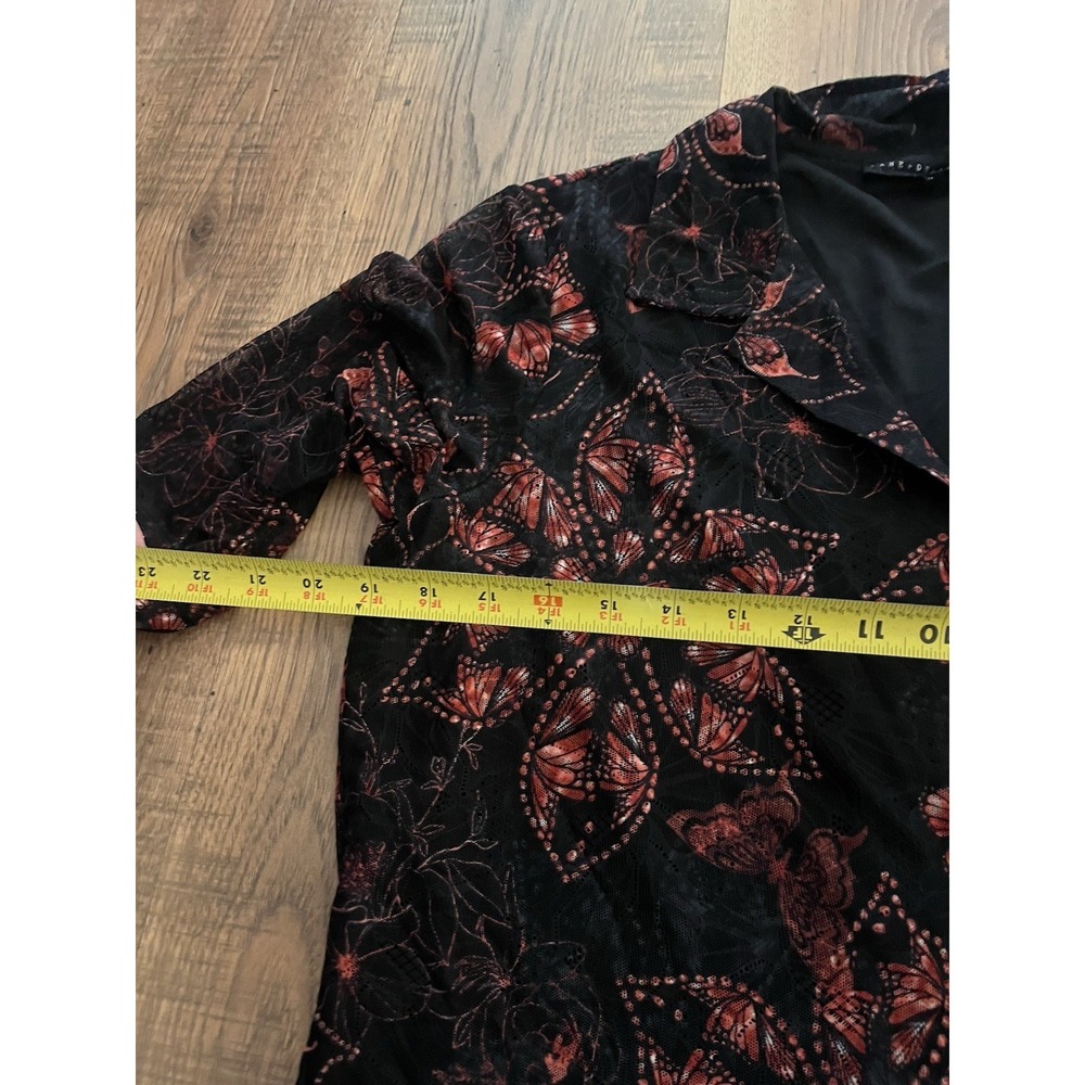 Jane & Delancey Shirt Top Mesh Black Delicate Button Up Floral Butterfly Medium - Picture 7 of 9